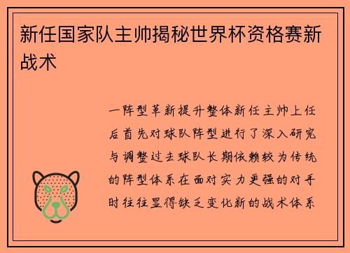 新任国家队主帅揭秘世界杯资格赛新战术